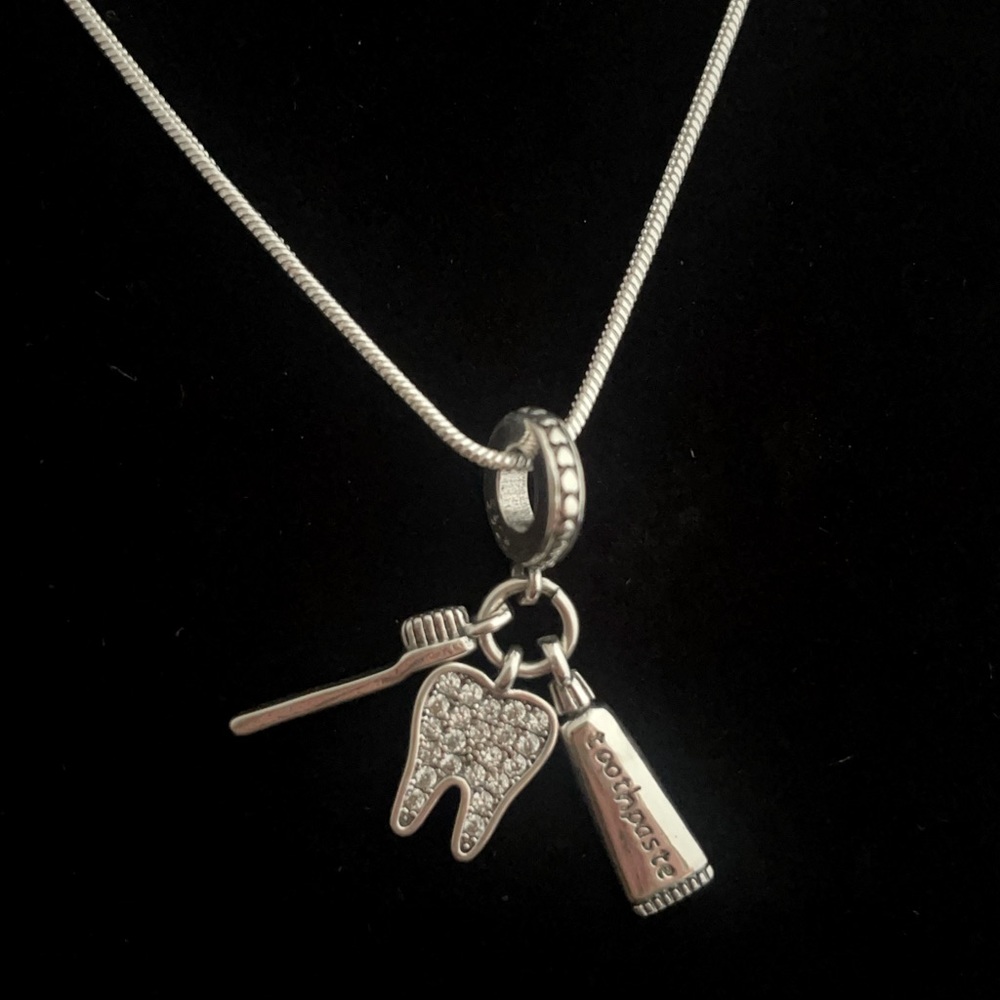 22in Necklace with Toothbrush Tooth and Toothpaste Charm 925 sterling silver